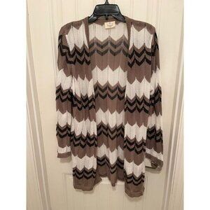 Ember‎ Cardigan Sweater Women's size Medium Chevron Open  Knit  Brown & White